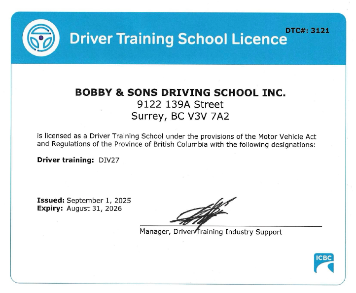 Driving School License (ICBC)